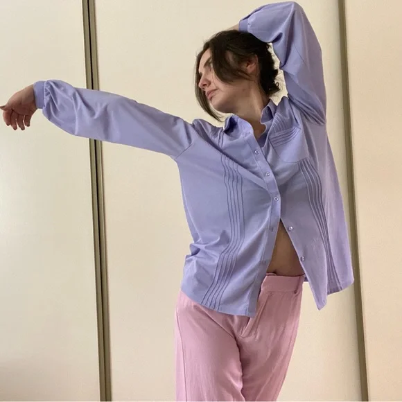 Vintage lavender sheer button down bell cuffed sleeves s/m spring top Easter - Picture 4 of 11